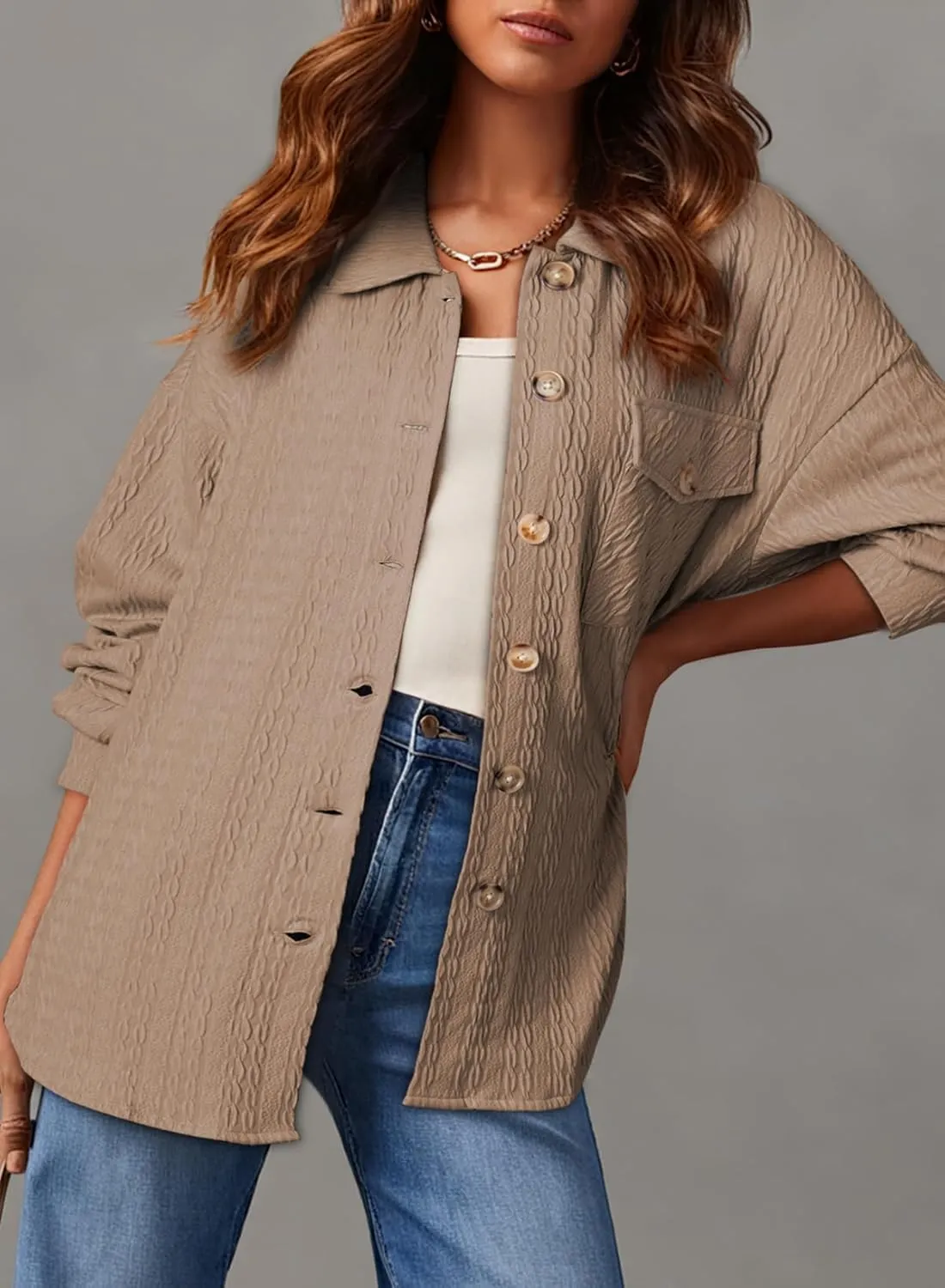 Dokotoo Womens Cable Knit Lightweight Shacket Button Down Shirts Long Sleeve Casual Oversized Blouses Tops