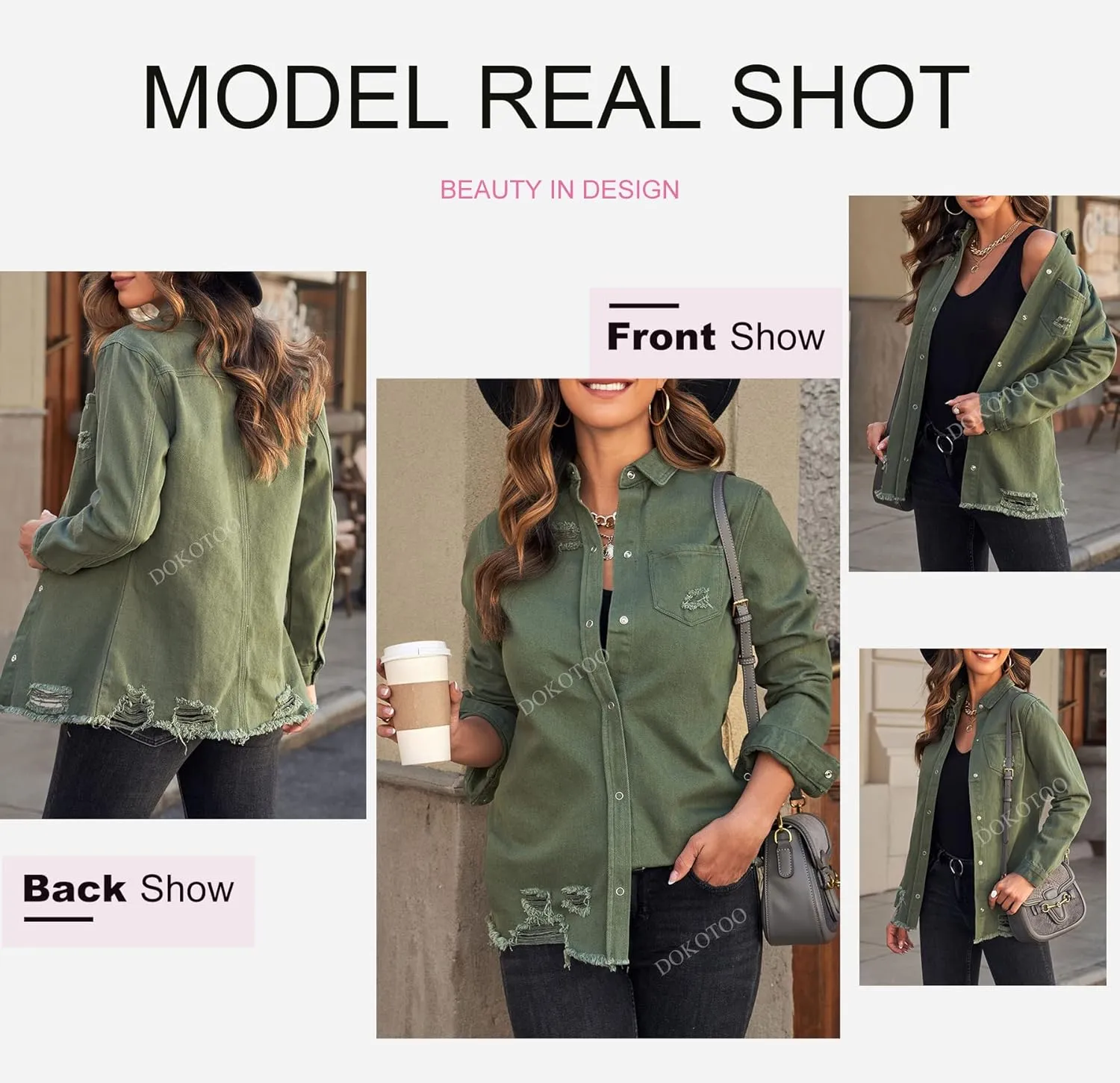 Dokotoo Women's Oversized Denim Jacket Casual Long Sleeve Denim Shirts Distresse Jean Jacket 2025 Spring Outfits