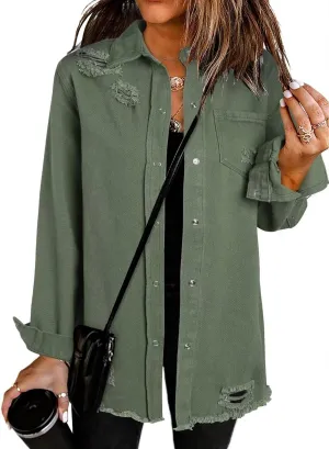Dokotoo Women's Oversized Denim Jacket Casual Long Sleeve Denim Shirts Distresse Jean Jacket 2025 Spring Outfits