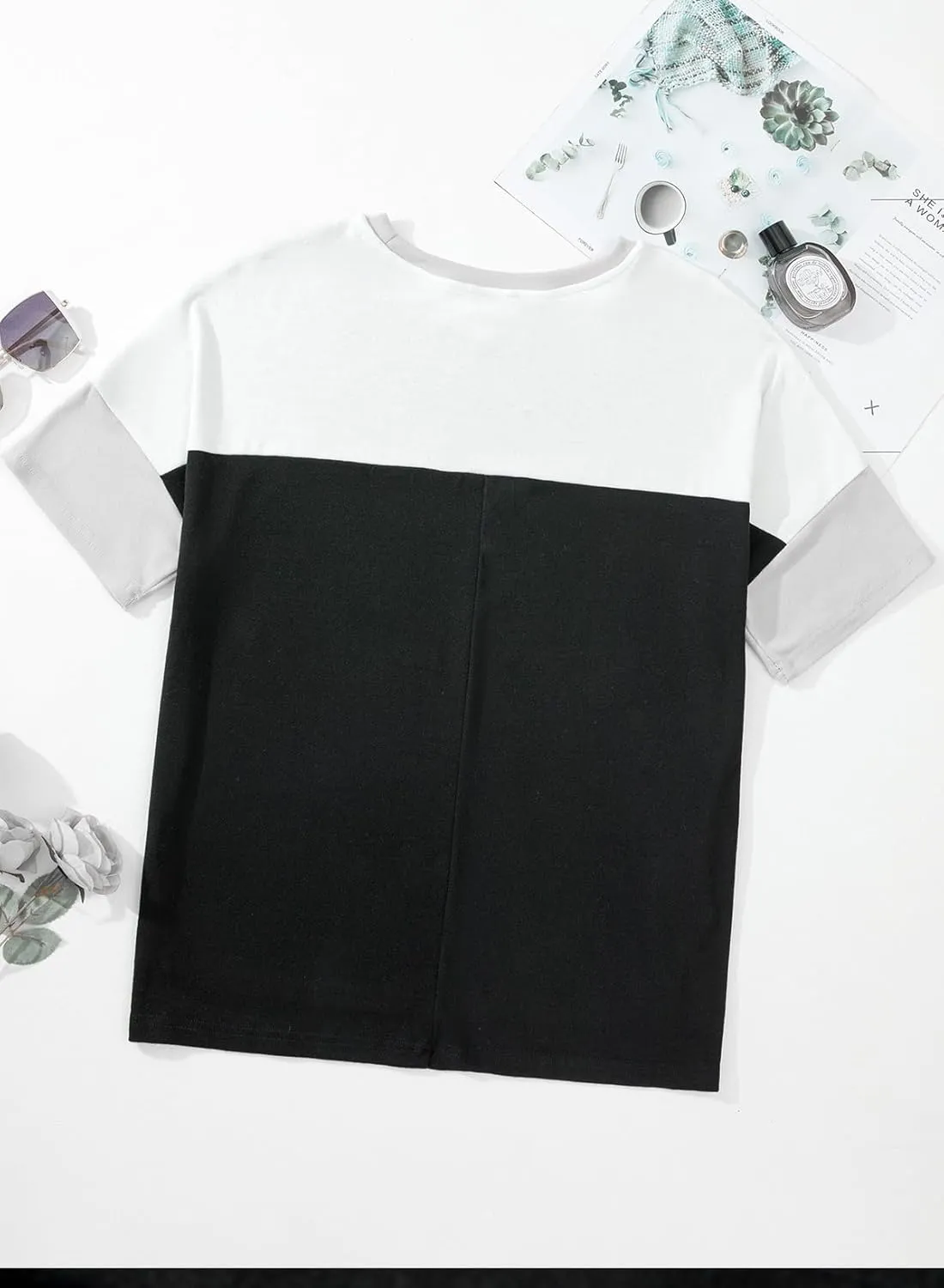 Dokotoo Womens Tops Oversized Trendy Shirts 2025 Summer Color Block Crewneck Business Casual Womens Blouses S-2XL