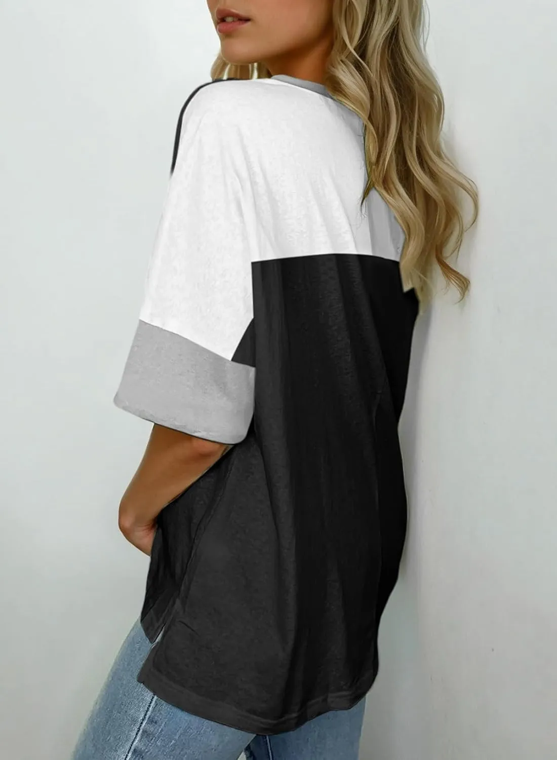Dokotoo Womens Tops Oversized Trendy Shirts 2025 Summer Color Block Crewneck Business Casual Womens Blouses S-2XL