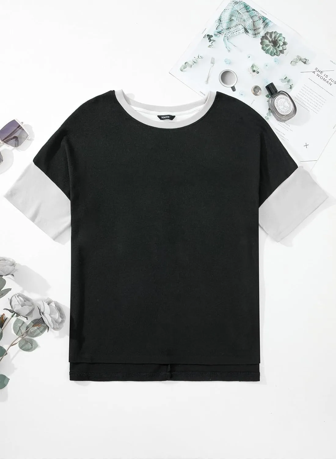 Dokotoo Womens Tops Oversized Trendy Shirts 2025 Summer Color Block Crewneck Business Casual Womens Blouses S-2XL