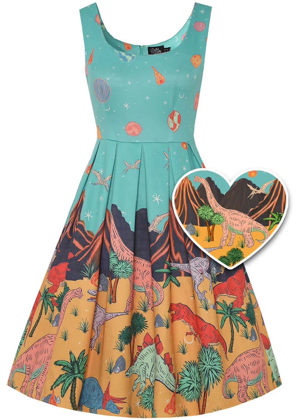 Dolly & Dotty Amanda Dinosaur World 50's Swing Dress Turquoise