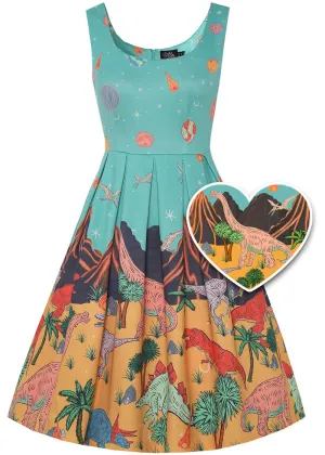 Dolly & Dotty Amanda Dinosaur World 50's Swing Dress Turquoise