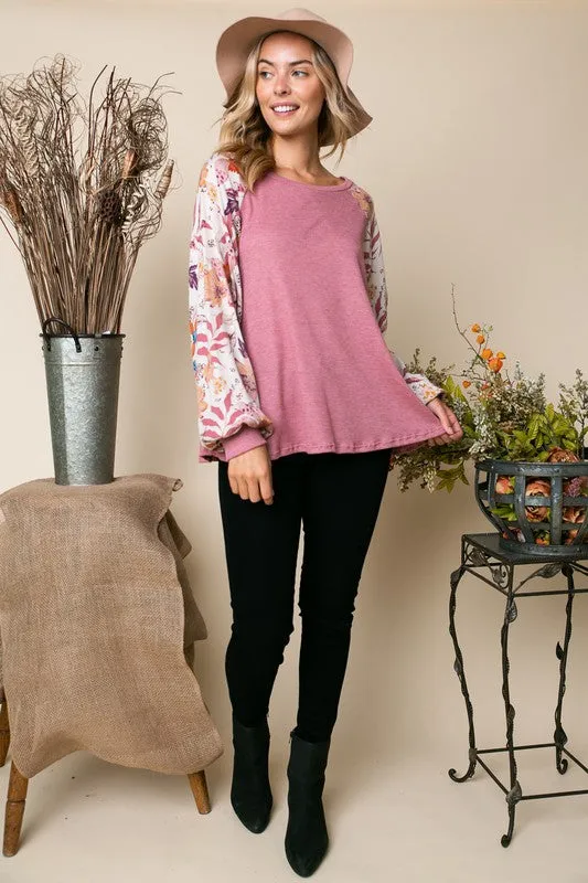 E LUNA Mauve Woven Floral Sleeve Top