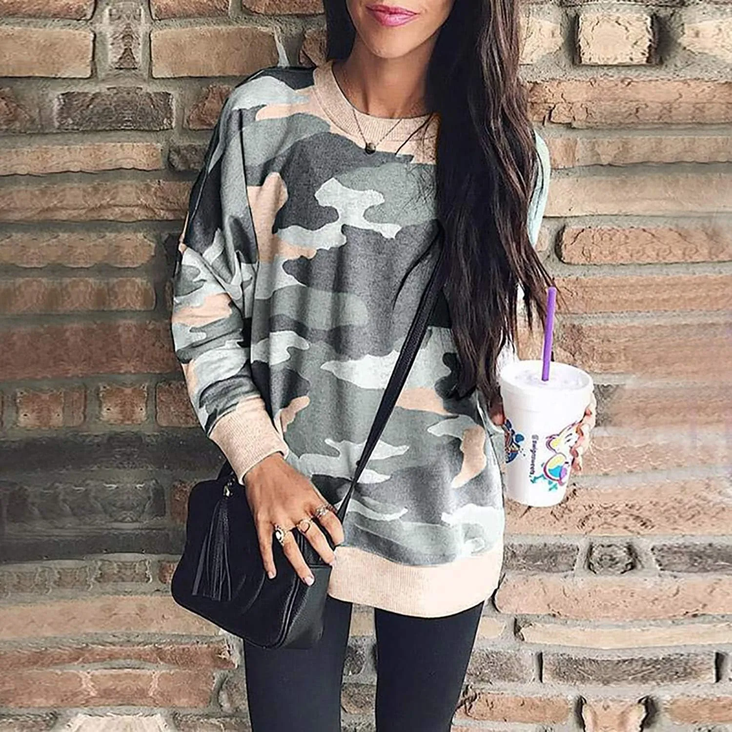 ECOWISH Women Side Split Sweatshirt: Fall Crewneck Long Sleeve Oversized Camo Shirts Casual Camouflage Print Pullover Tops