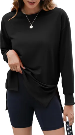 ECOWISH Women Side Split Sweatshirt: Fall Crewneck Long Sleeve Oversized Camo Shirts Casual Camouflage Print Pullover Tops