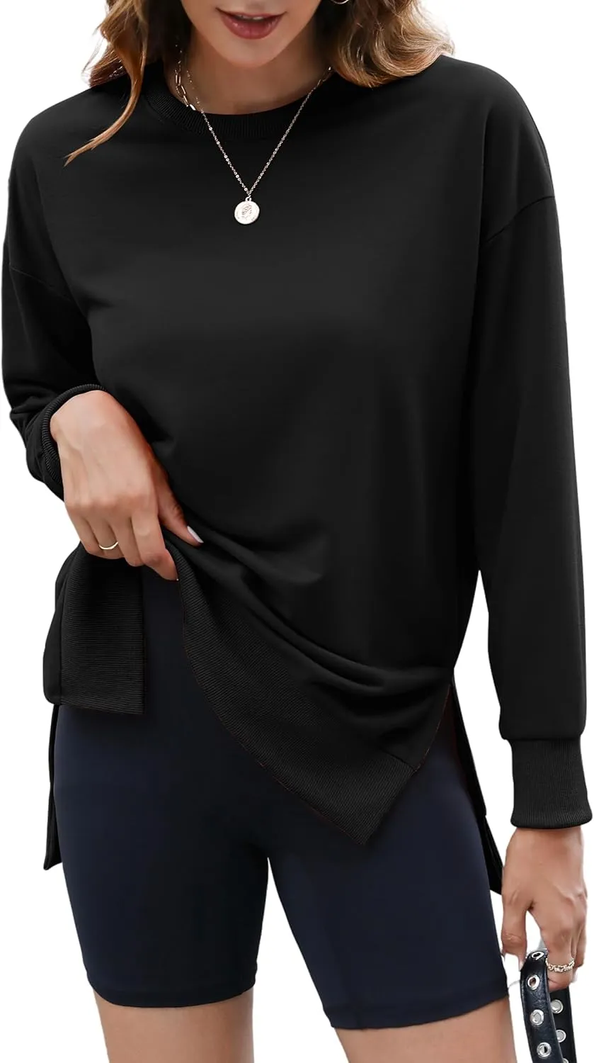 ECOWISH Women Side Split Sweatshirt: Fall Crewneck Long Sleeve Oversized Camo Shirts Casual Camouflage Print Pullover Tops
