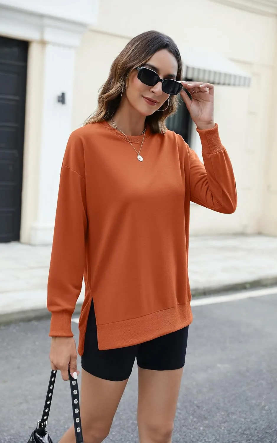 ECOWISH Women Side Split Sweatshirt: Fall Crewneck Long Sleeve Oversized Camo Shirts Casual Camouflage Print Pullover Tops