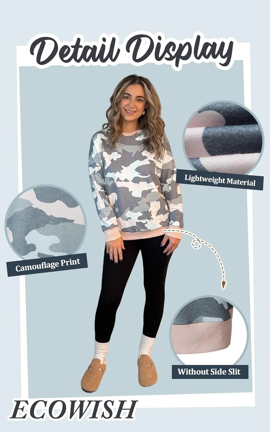 ECOWISH Women Side Split Sweatshirt: Fall Crewneck Long Sleeve Oversized Camo Shirts Casual Camouflage Print Pullover Tops