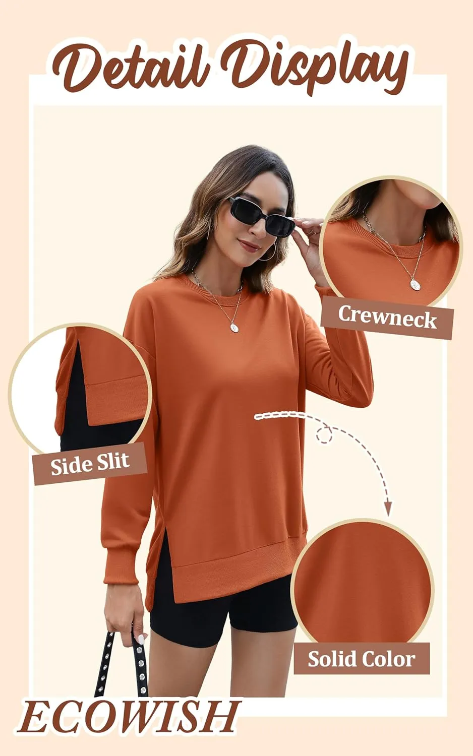 ECOWISH Women Side Split Sweatshirt: Fall Crewneck Long Sleeve Oversized Camo Shirts Casual Camouflage Print Pullover Tops