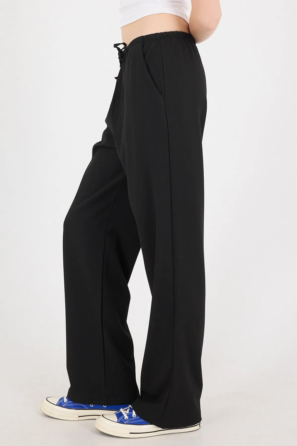 Elastic Waist Front Tie Wide Leg Pants
