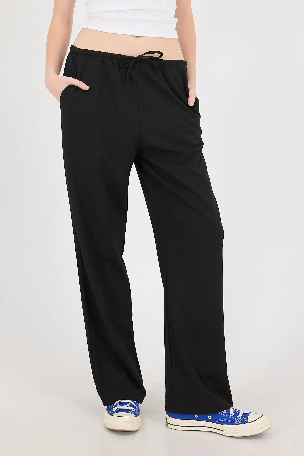 Elastic Waist Front Tie Wide Leg Pants
