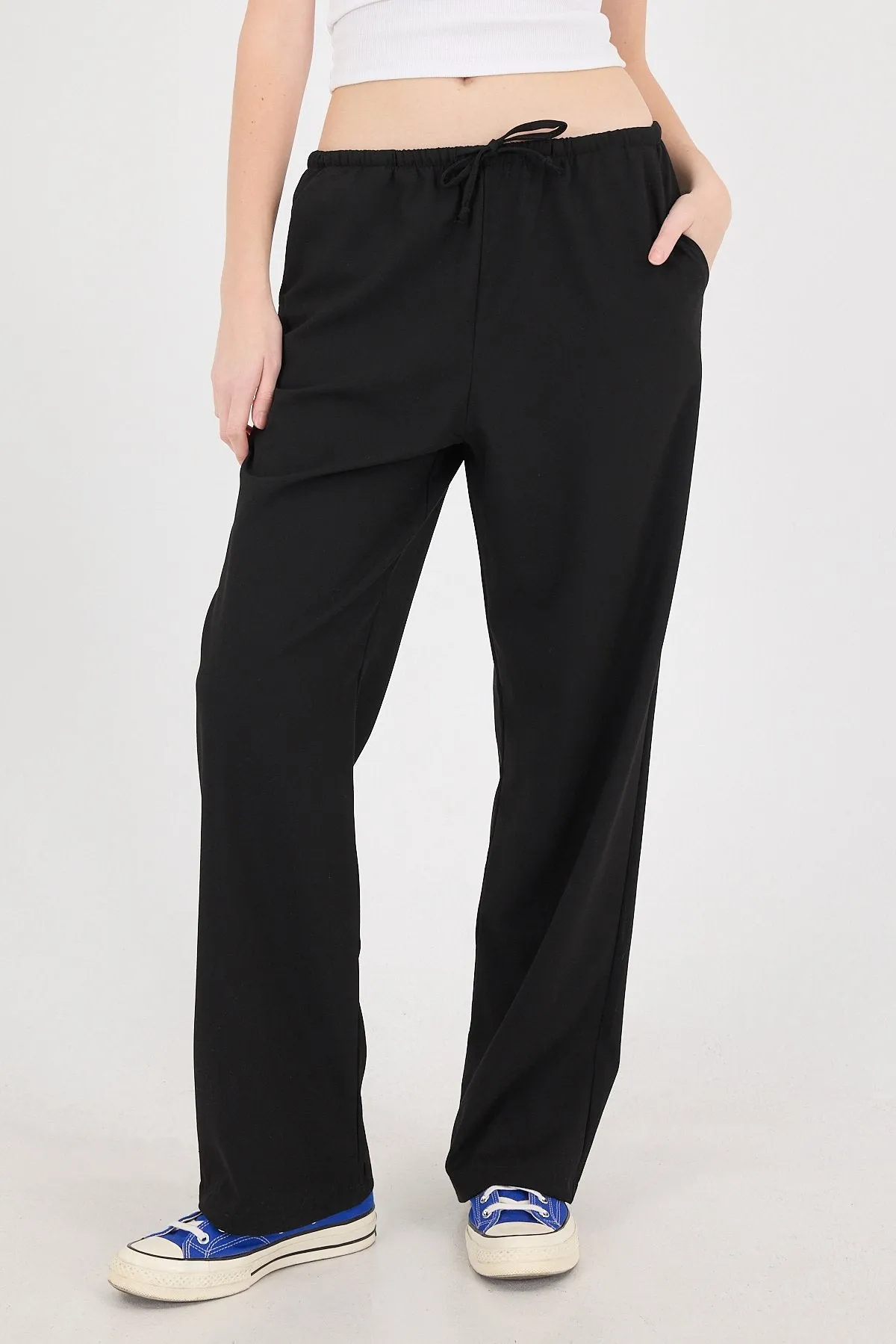 Elastic Waist Front Tie Wide Leg Pants