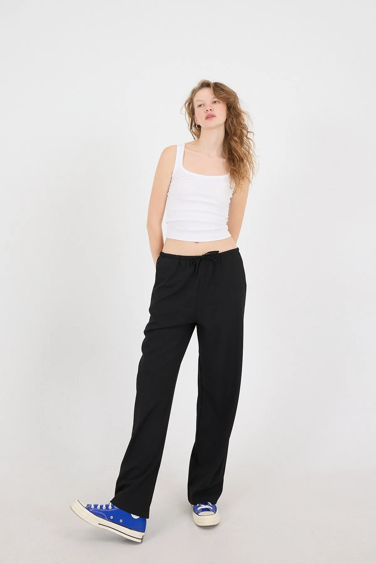 Elastic Waist Front Tie Wide Leg Pants