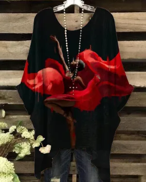 Elegant Dancing Brown Girl Print Irregular Shirt