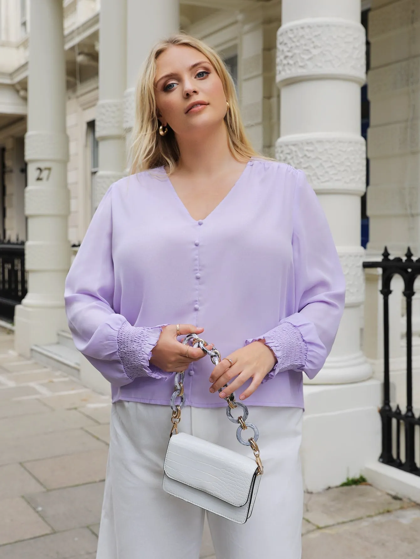 Elegant Plain Button Front Long Sleeve V Neck Regular Plus Size Blouse