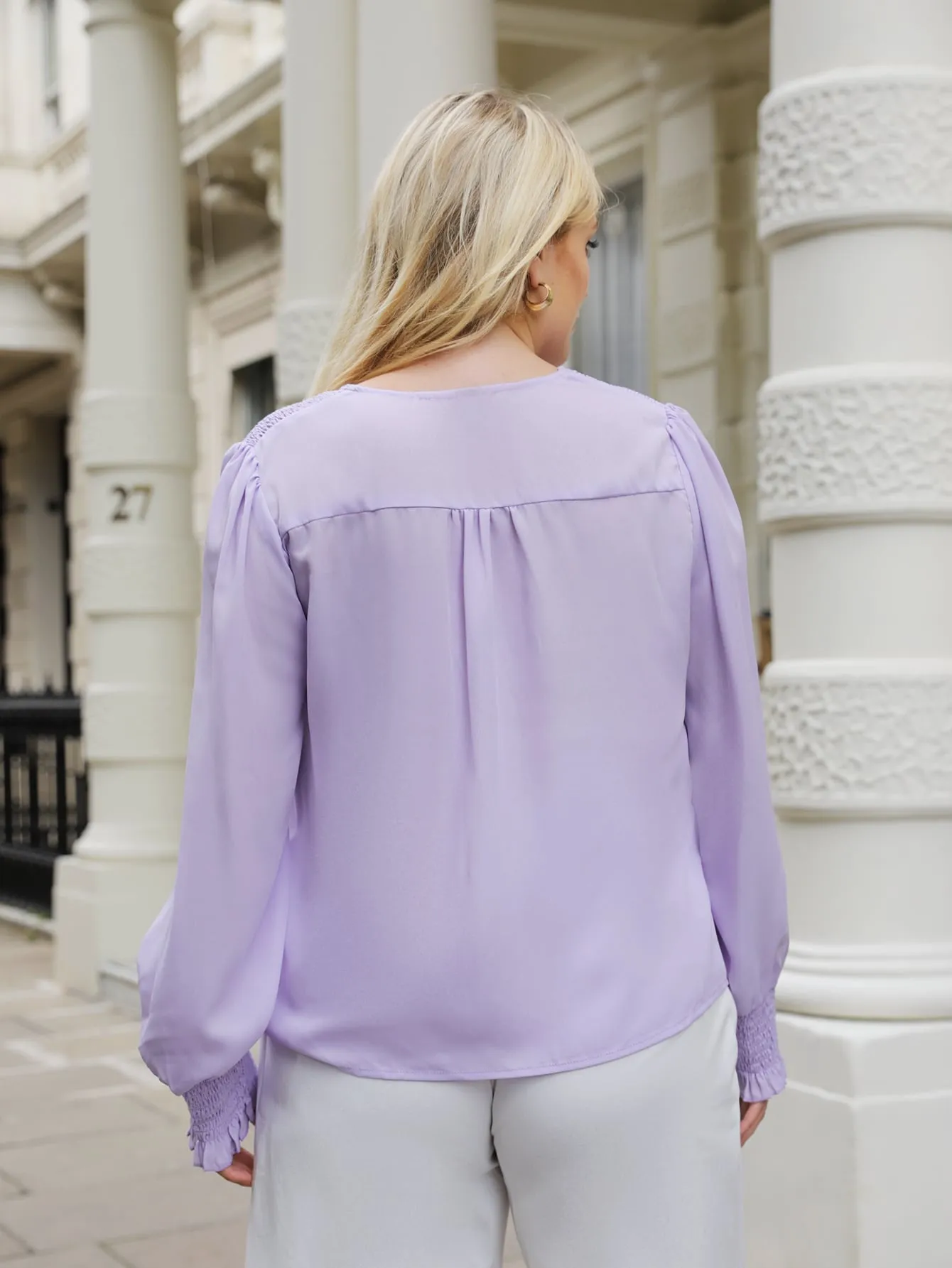 Elegant Plain Button Front Long Sleeve V Neck Regular Plus Size Blouse