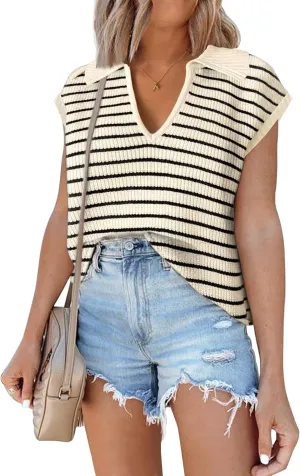 ETCYY Womens Cap Sleeve Sweaters Tops 2025 Striped Sleeveless Vest Color Block Knit Clothes Summer V Neck Short Sleeve Shirts