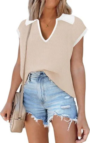 ETCYY Womens Cap Sleeve Sweaters Tops 2025 Striped Sleeveless Vest Color Block Knit Clothes Summer V Neck Short Sleeve Shirts