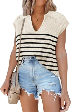 ETCYY Womens Cap Sleeve Sweaters Tops 2025 Striped Sleeveless Vest Color Block Knit Clothes Summer V Neck Short Sleeve Shirts