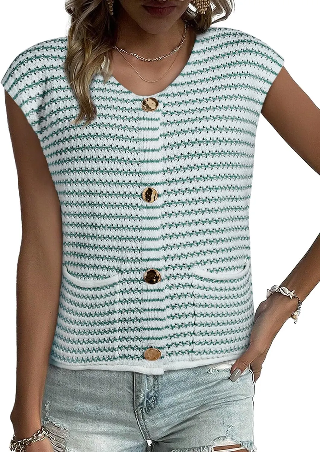 EVALESS Casual Cropped Crochet Cardigan Sweaters for Women Trendy Summer V Neck Sleeveless Sweater Vest Button Up Cardigans