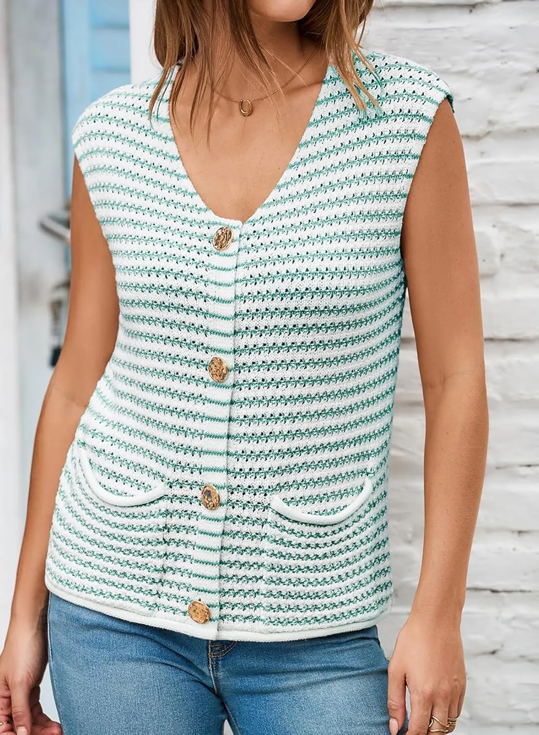 EVALESS Casual Cropped Crochet Cardigan Sweaters for Women Trendy Summer V Neck Sleeveless Sweater Vest Button Up Cardigans