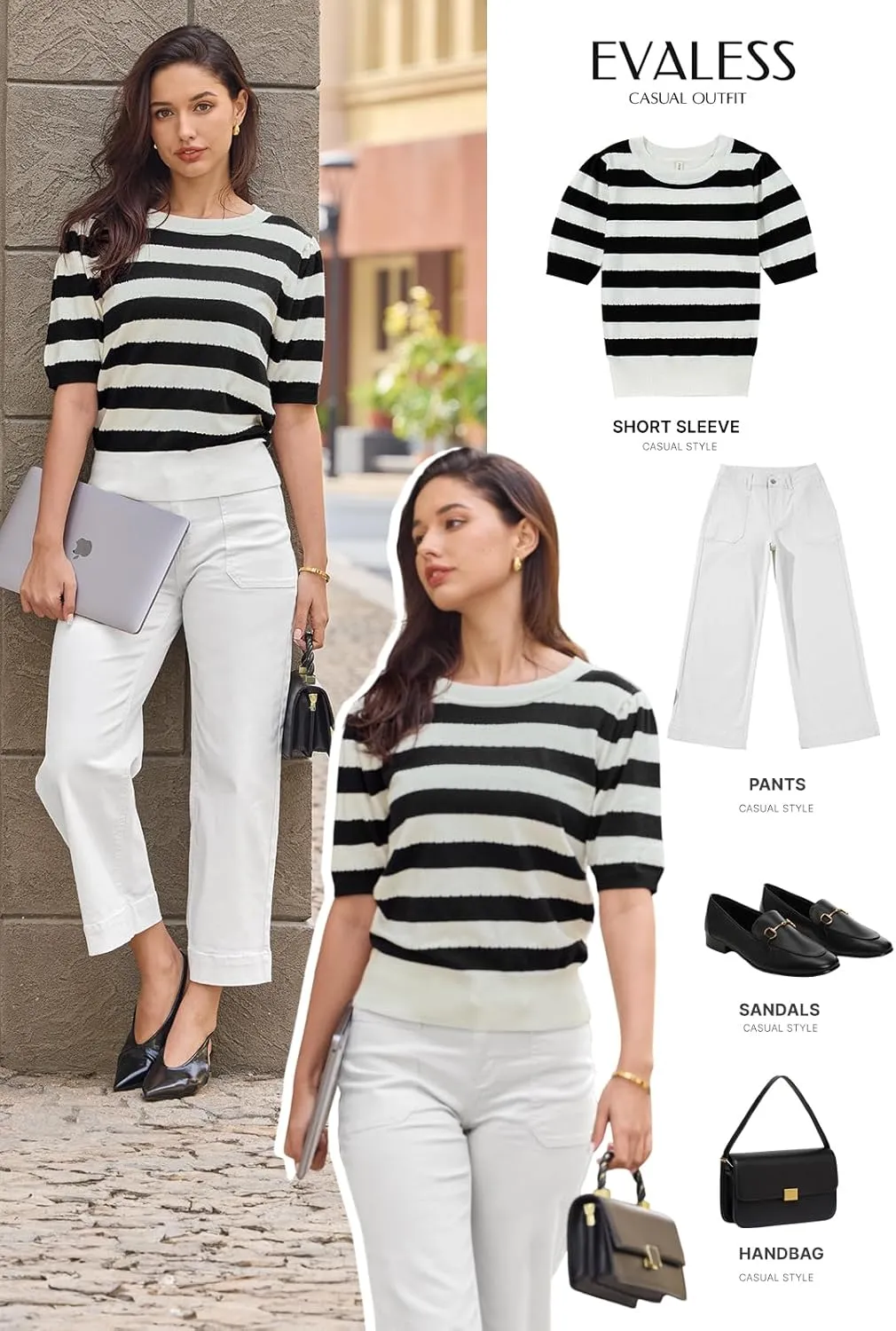 EVALESS Women's Short Sleeve Sweaters Tops Trendy Crewneck Striped Hollow Out Knit T Shirts Casual Summer Blouses