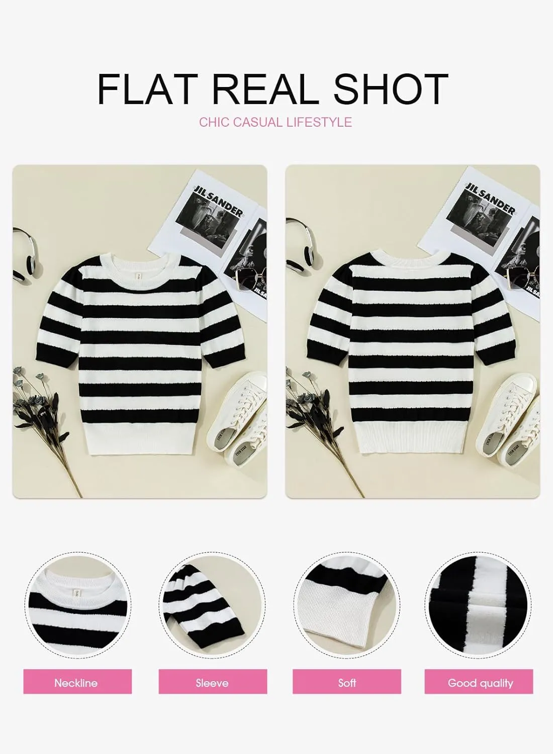 EVALESS Women's Short Sleeve Sweaters Tops Trendy Crewneck Striped Hollow Out Knit T Shirts Casual Summer Blouses