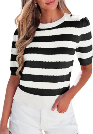 EVALESS Women's Short Sleeve Sweaters Tops Trendy Crewneck Striped Hollow Out Knit T Shirts Casual Summer Blouses
