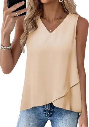 EVALESS Womens Tank Tops V Neck Dressy Casual Summer Flowy Sleeveless Camisole Chiffon Blouses Basic Shirts
