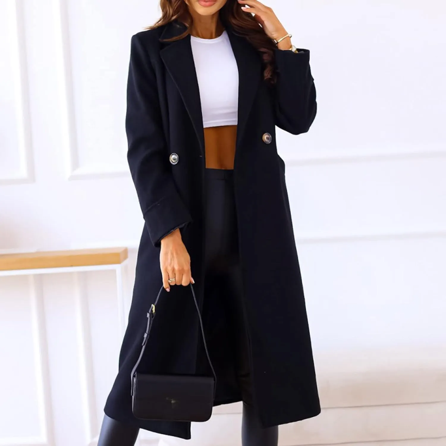 Fall Cardigan for Women 2022 Solid Lapel Collar Trench Coat Open Front Mid Length Wool Blend Coat Elegant Pea Coat