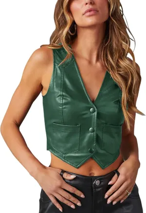 Fallorchid Women's Button Up Sleeveless Vest Crop Tops Sexy V Neck Faux Leather Jacket Waistcoat