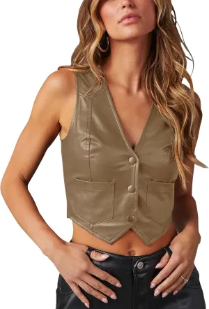 Fallorchid Women's Button Up Sleeveless Vest Crop Tops Sexy V Neck Faux Leather Jacket Waistcoat