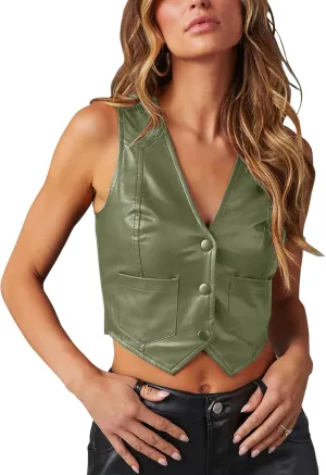 Fallorchid Women's Button Up Sleeveless Vest Crop Tops Sexy V Neck Faux Leather Jacket Waistcoat