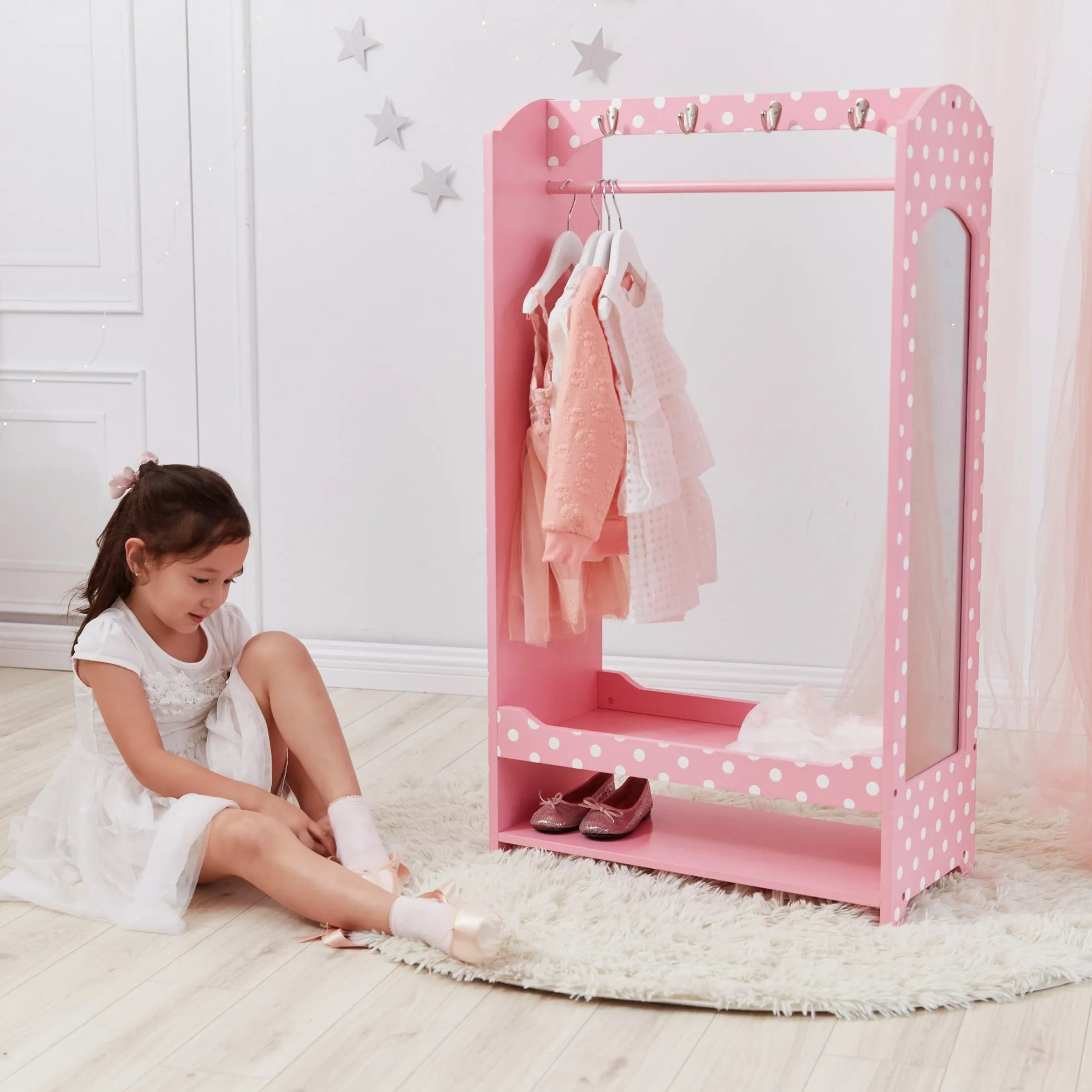 Fantasy Fields Polka Dots Children’s Wooden Wardrobe, Kids Dress Up Storage Closet with Rail