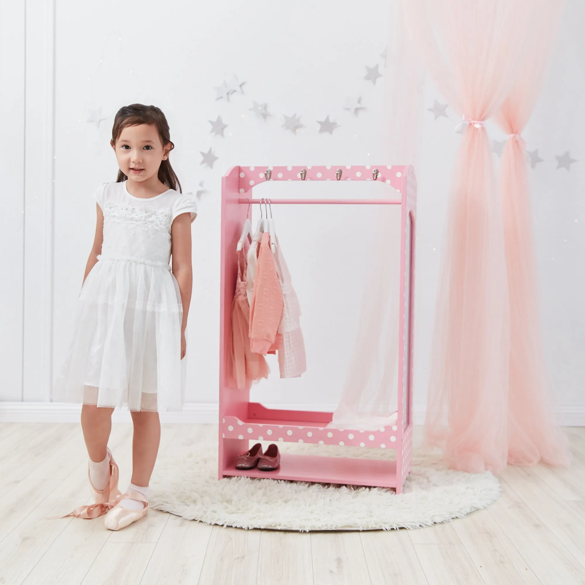Fantasy Fields Polka Dots Children’s Wooden Wardrobe, Kids Dress Up Storage Closet with Rail