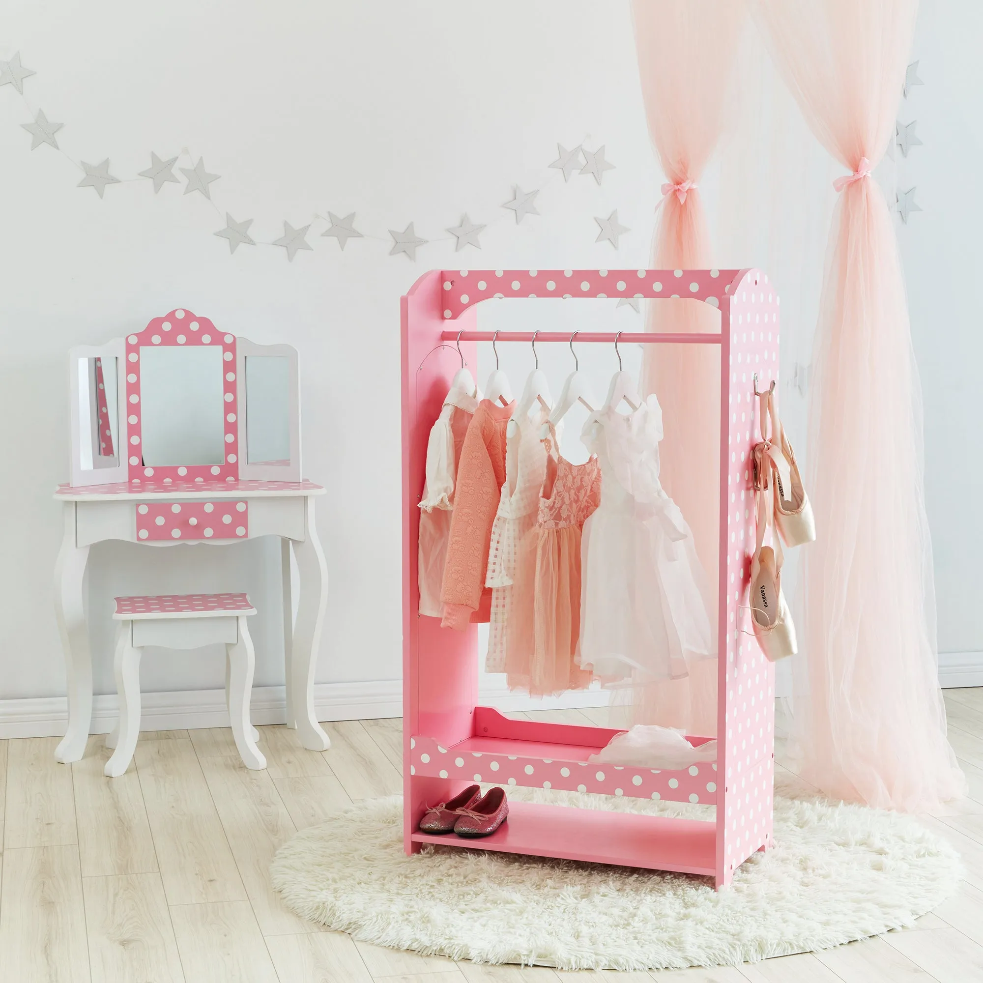 Fantasy Fields Polka Dots Children’s Wooden Wardrobe, Kids Dress Up Storage Closet with Rail