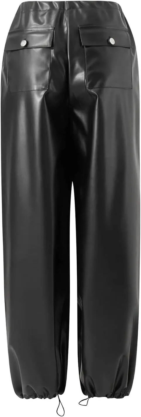Faretumiya Faux Leather Straight Wide Leg Pants High Waist Casual Solid Color Zipper Pocket PU Trousers Women Streetwear Fall