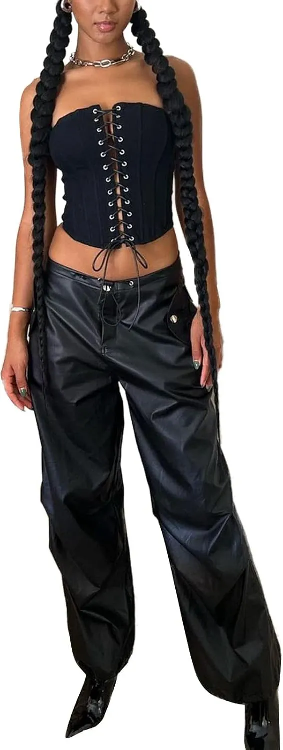 Faretumiya Faux Leather Straight Wide Leg Pants High Waist Casual Solid Color Zipper Pocket PU Trousers Women Streetwear Fall