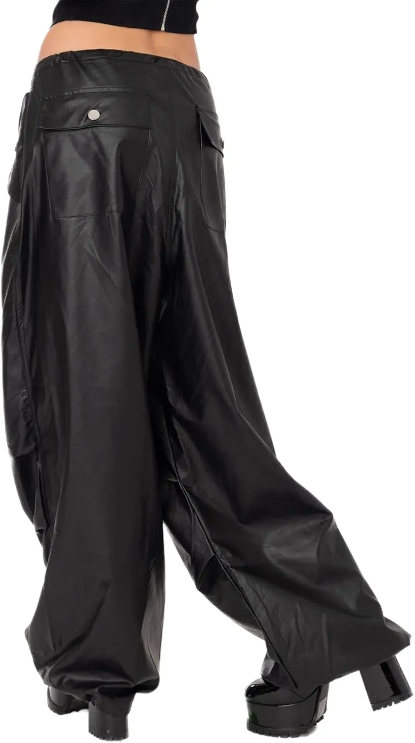 Faretumiya Faux Leather Straight Wide Leg Pants High Waist Casual Solid Color Zipper Pocket PU Trousers Women Streetwear Fall