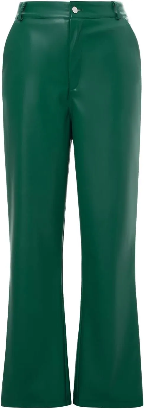 Faretumiya Faux Leather Straight Wide Leg Pants High Waist Casual Solid Color Zipper Pocket PU Trousers Women Streetwear Fall