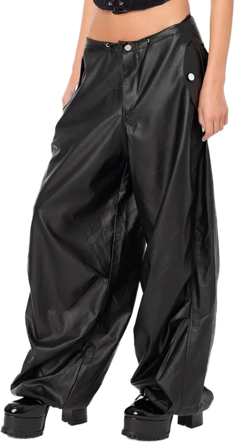 Faretumiya Faux Leather Straight Wide Leg Pants High Waist Casual Solid Color Zipper Pocket PU Trousers Women Streetwear Fall