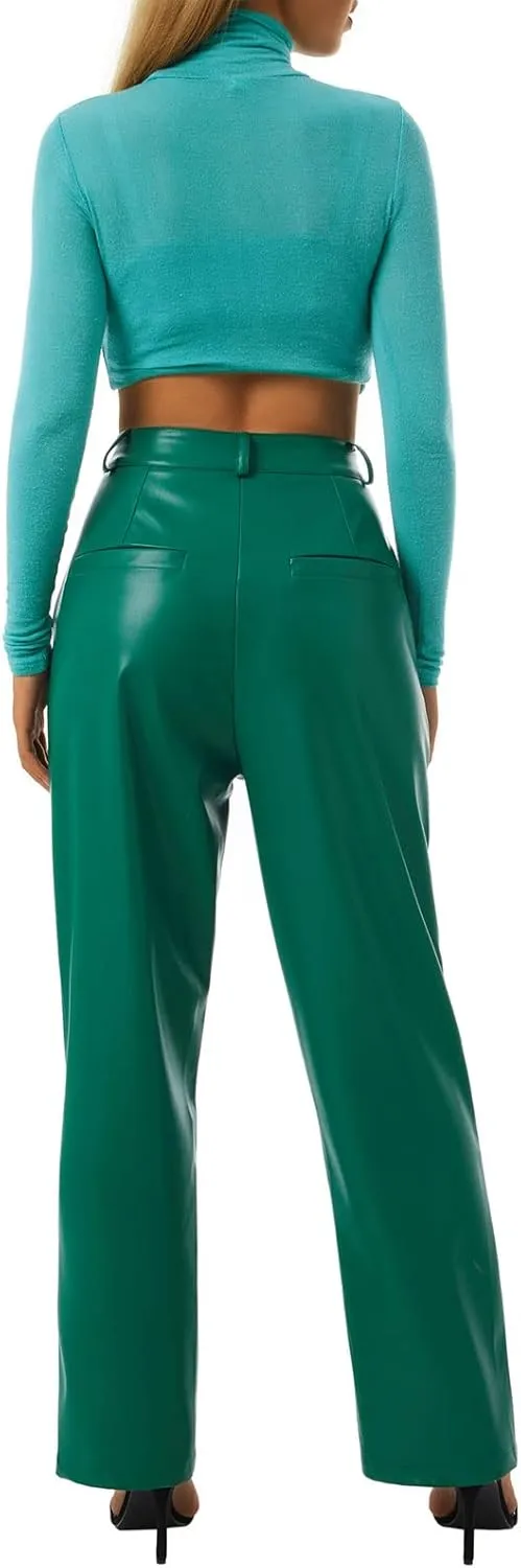 Faretumiya Faux Leather Straight Wide Leg Pants High Waist Casual Solid Color Zipper Pocket PU Trousers Women Streetwear Fall