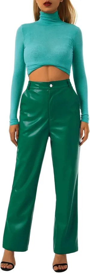 Faretumiya Faux Leather Straight Wide Leg Pants High Waist Casual Solid Color Zipper Pocket PU Trousers Women Streetwear Fall
