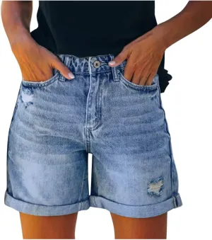 Fashion Denim Shorts for Women High Waisted Folded Hem Ripped Short Jean Button Front Relaxed Fit Bottoms with Pocket