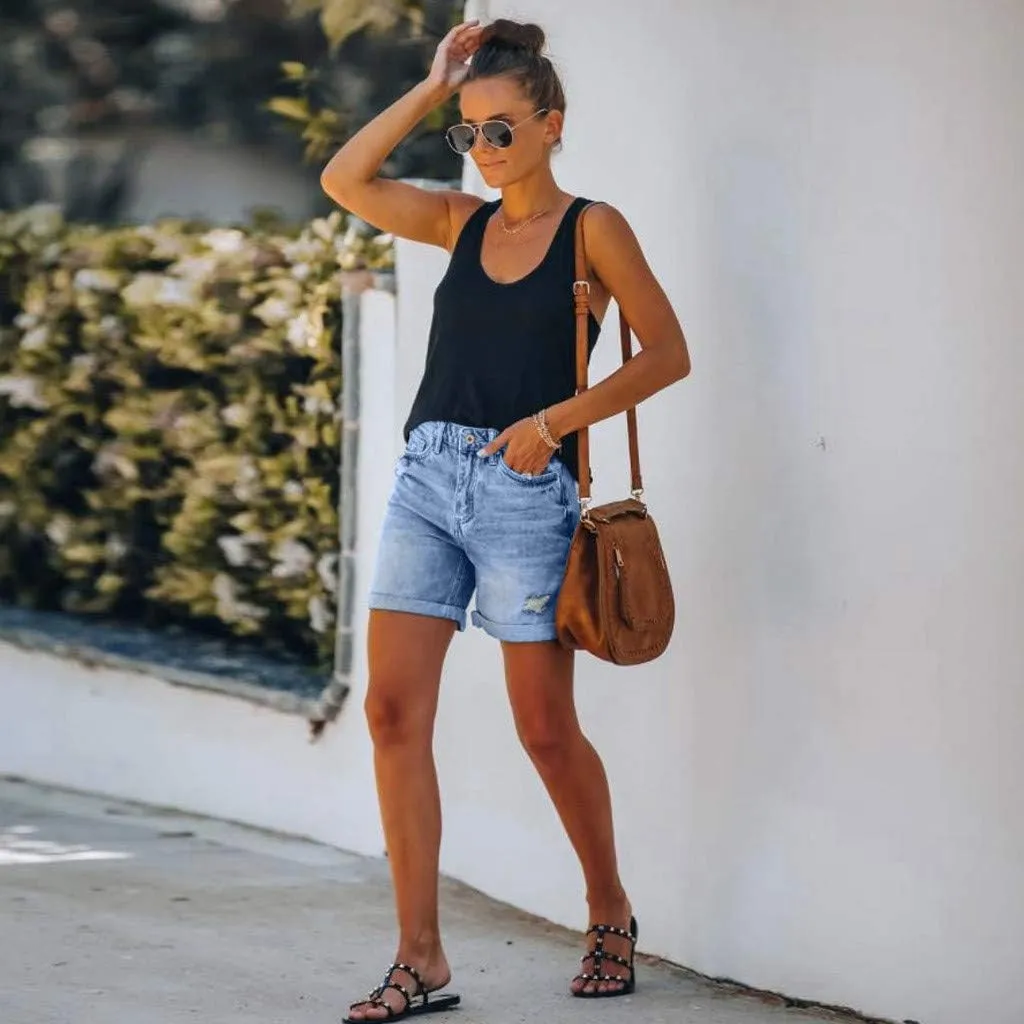 Fashion Denim Shorts for Women High Waisted Folded Hem Ripped Short Jean Button Front Relaxed Fit Bottoms with Pocket