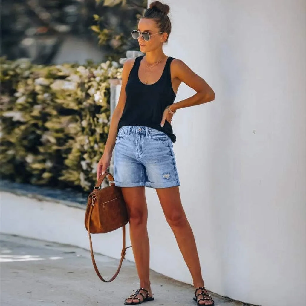 Fashion Denim Shorts for Women High Waisted Folded Hem Ripped Short Jean Button Front Relaxed Fit Bottoms with Pocket
