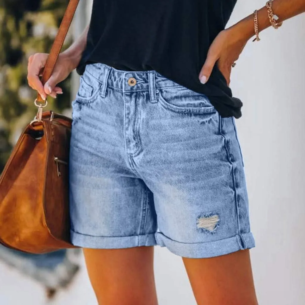 Fashion Denim Shorts for Women High Waisted Folded Hem Ripped Short Jean Button Front Relaxed Fit Bottoms with Pocket