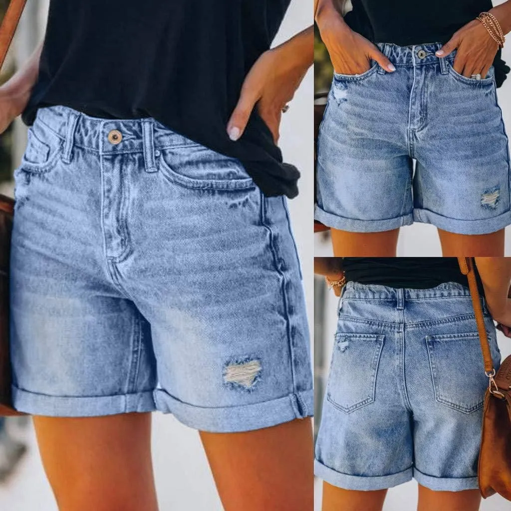 Fashion Denim Shorts for Women High Waisted Folded Hem Ripped Short Jean Button Front Relaxed Fit Bottoms with Pocket
